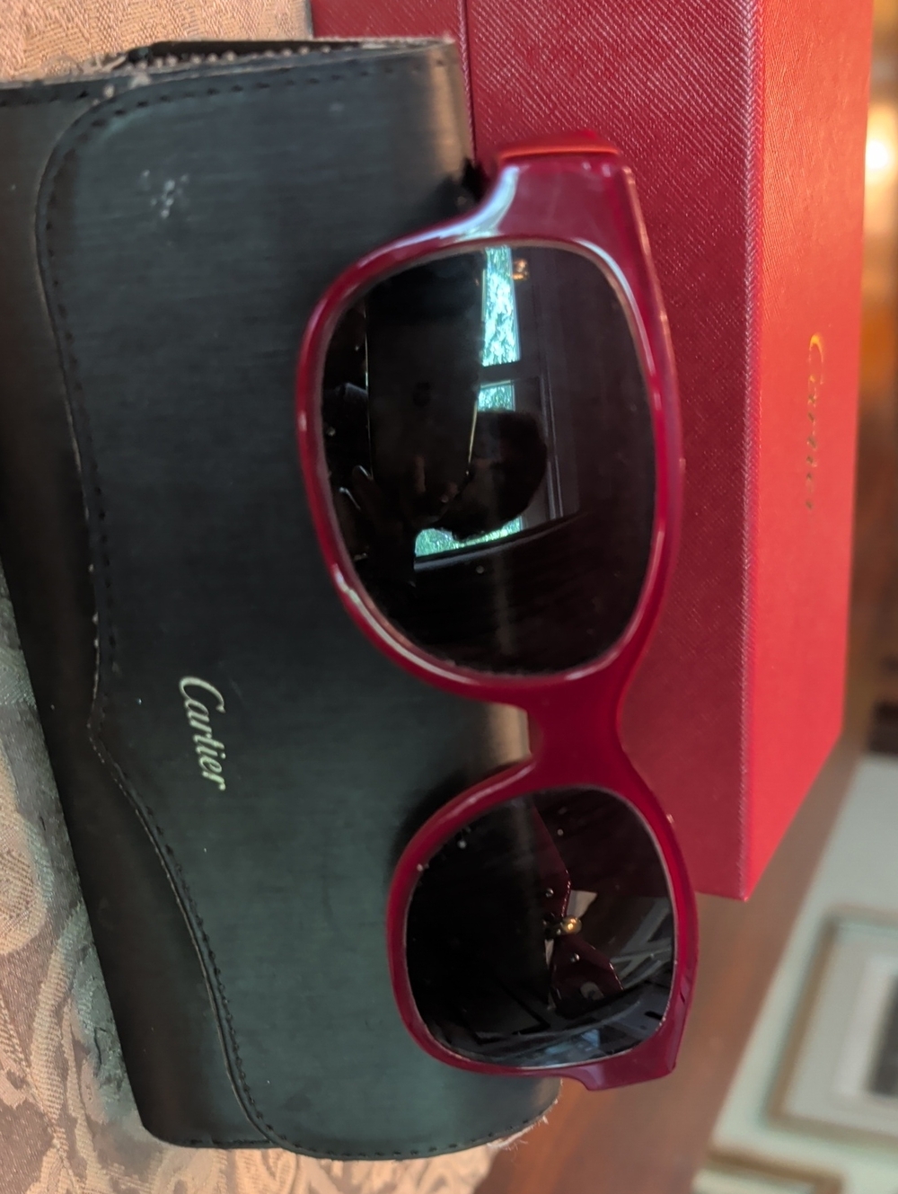 Cartier Women's Red Frame Sunglasses with Prescription Dark Lenses